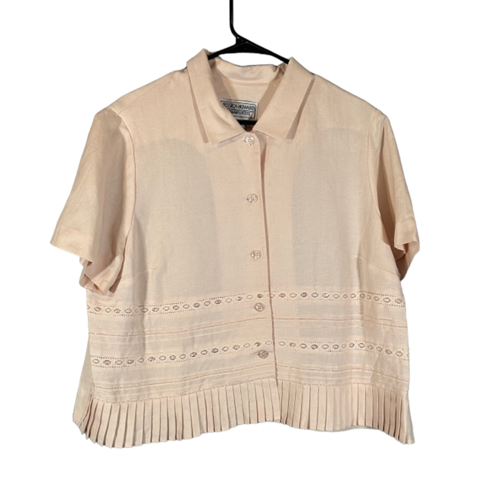 Jessica Howard Linen Pale Pink Beaded Pleated Trim Button Down Shirt Women Sz 16